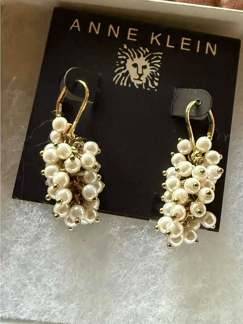 Anne Klein Gold Tone Cluster Pearl Drop Earrings - Cream Pearls.  1.5”L